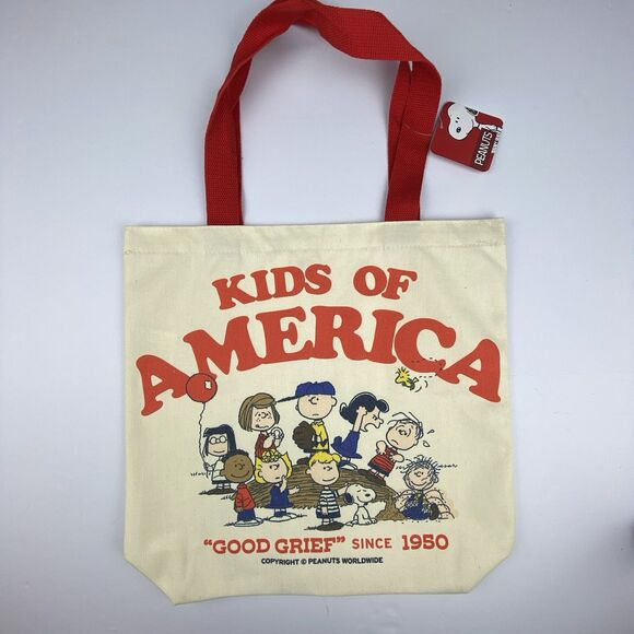 NWT! Peanuts Kids of America Reusable Canvas Retro Tote Bag Shopping - Picture 1 of 7